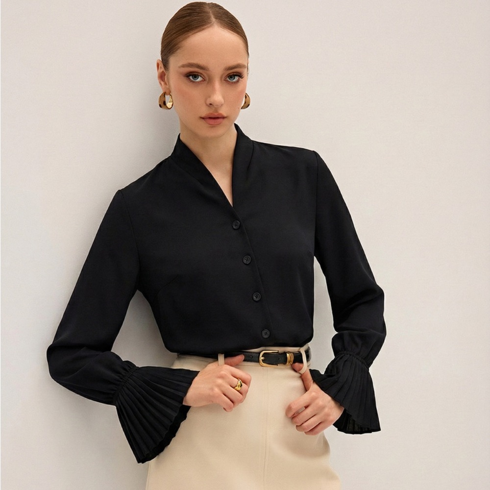 Women's Black Button-Front Blouse with Pleated Cuffs
